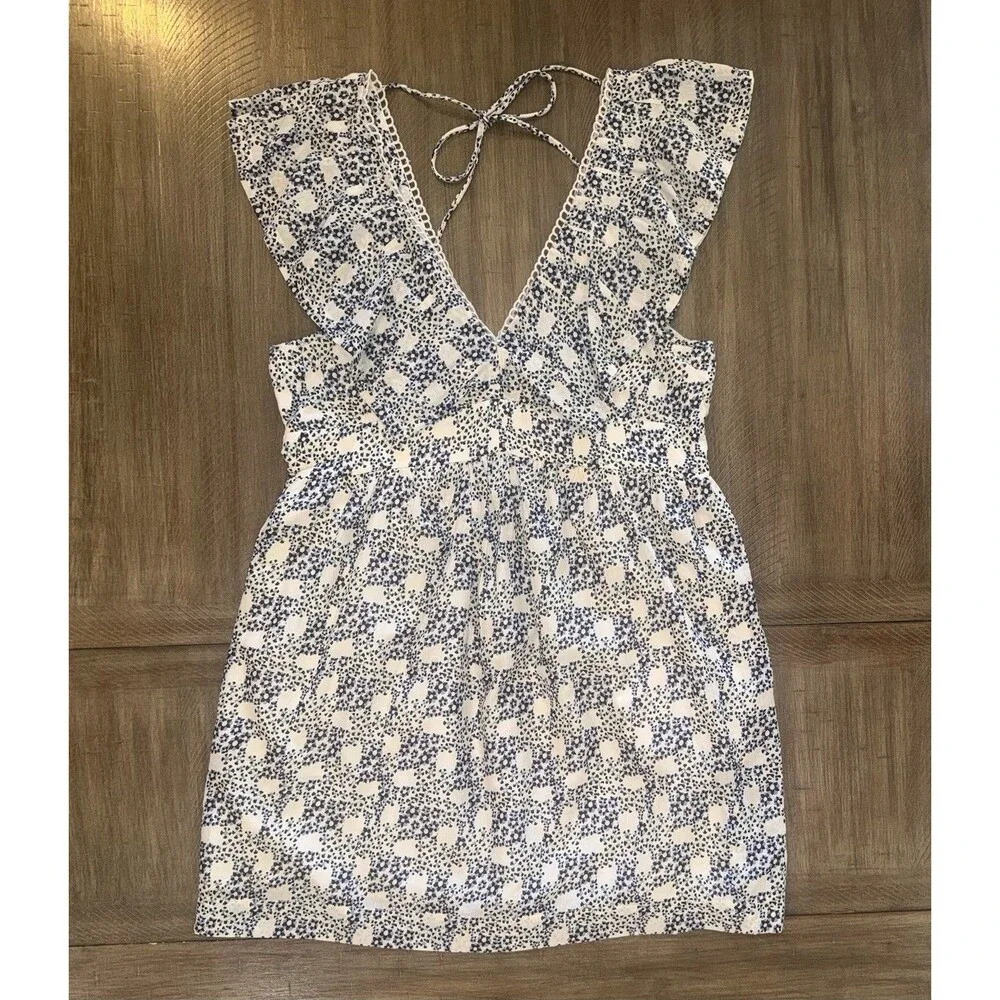 Anthropologie V-Neck Plunge Tunic Mini Blue White Floral Dress Size Medium $148